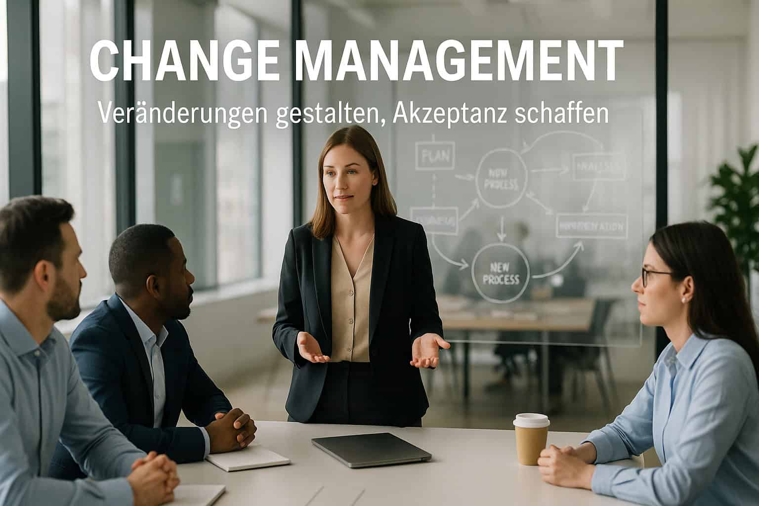 Geschäftstreffen über Change Management mit Präsentation.