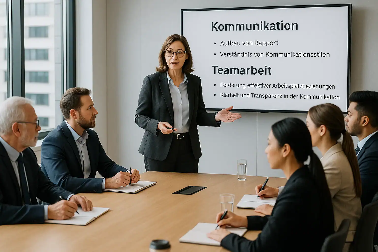 Person hält Präsentation über Kommunikation und Teamarbeit.