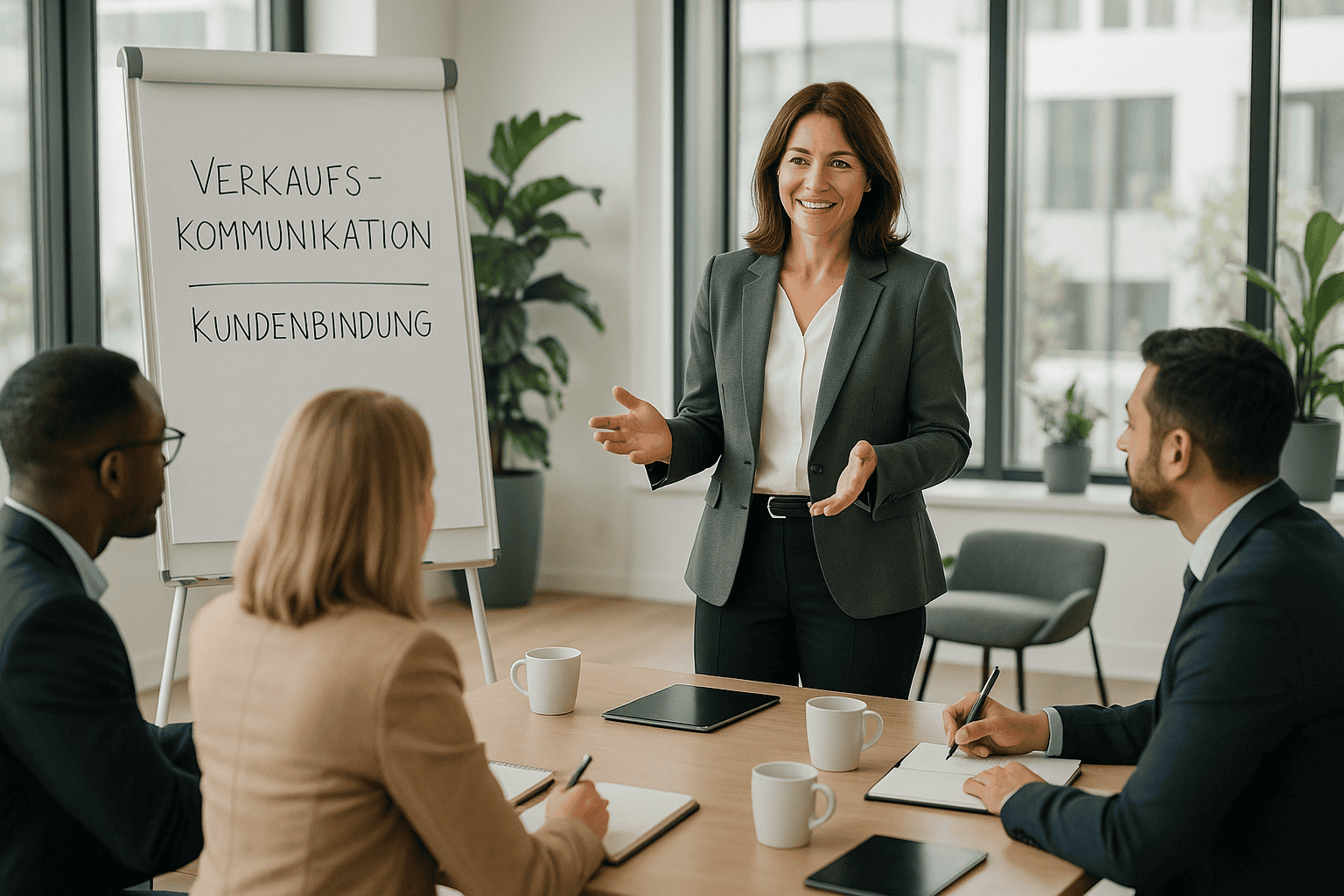 Geschäftstreffen über Verkaufskommunikation und Kundenbindung.