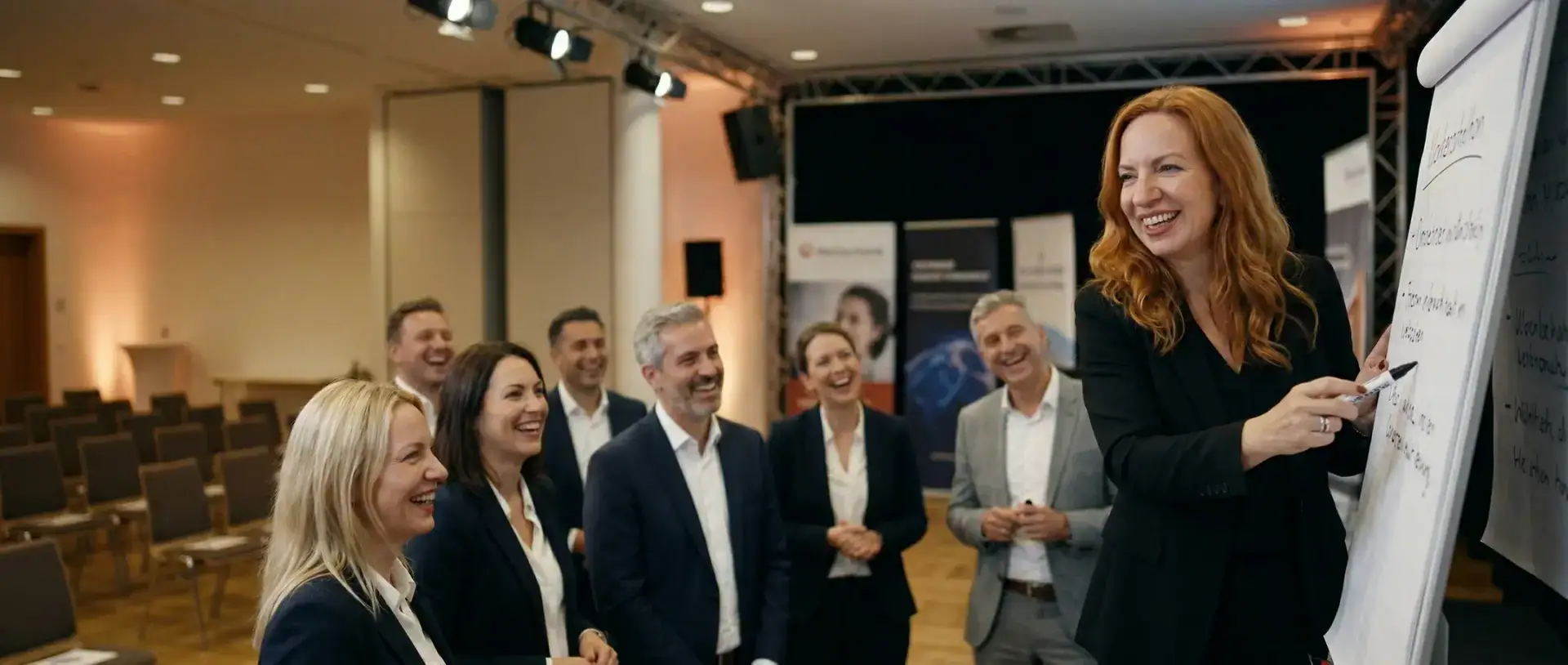 Frau präsentiert vor Gruppe bei Coaching-Workshop, motivierende Atmosphäre.